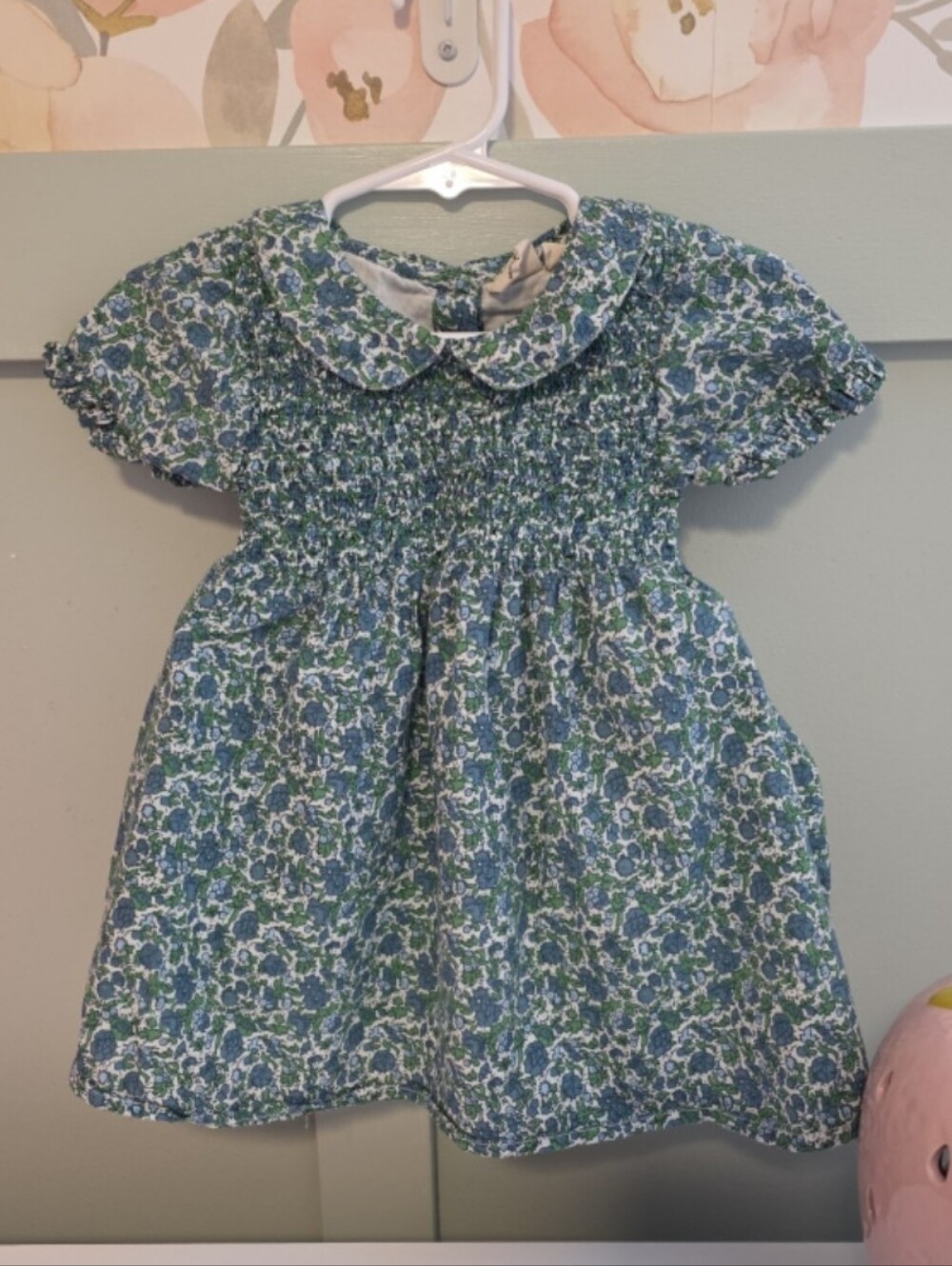 Beet World 18-24 Smocked Floral Peter Pan Collar Kids Dress - Blue & Green